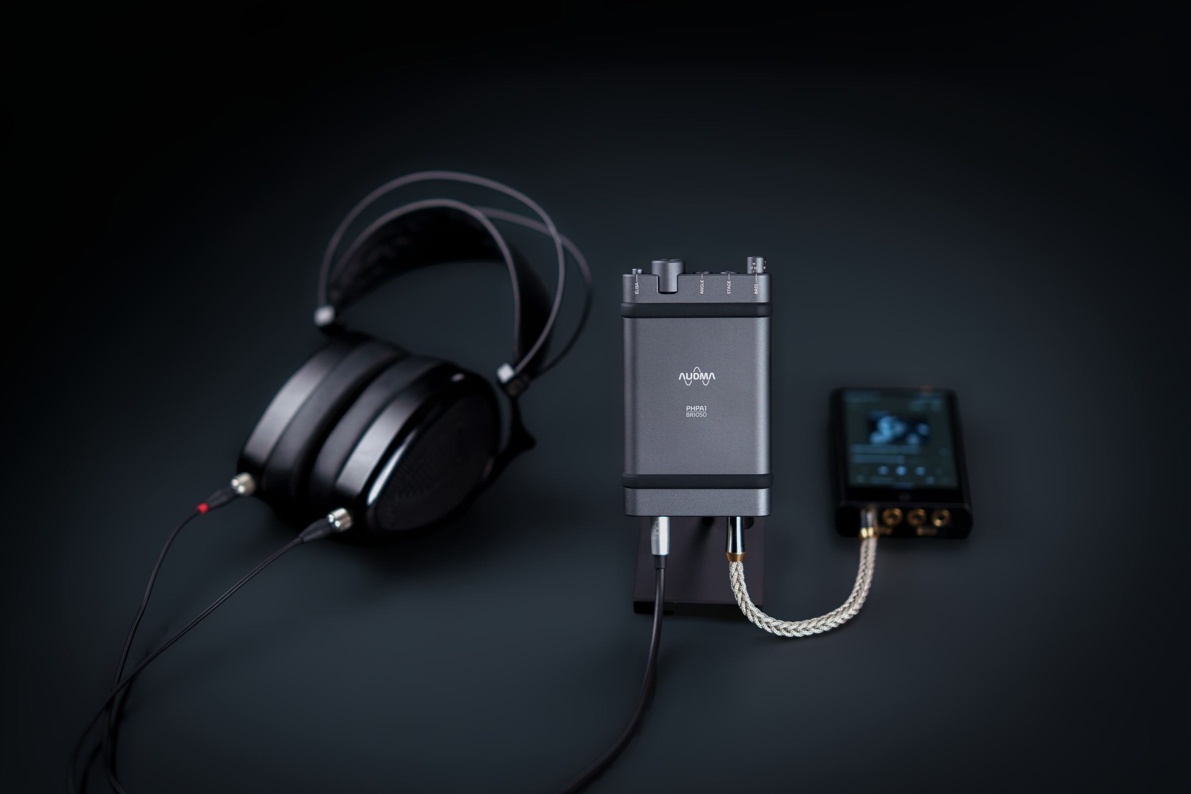 Dan Clark Audio headphones connected to a portable DUNU listening system