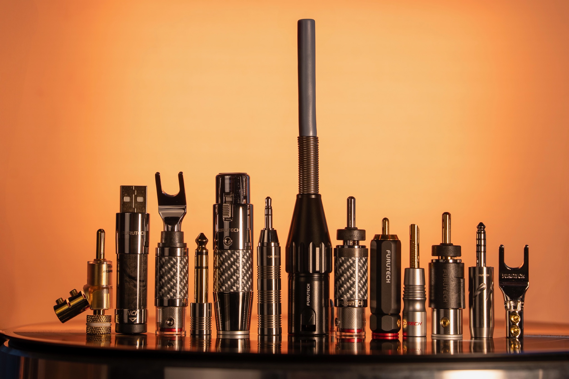 Furutech audio connectors arranged as a miniature Burj Khalifa skyline